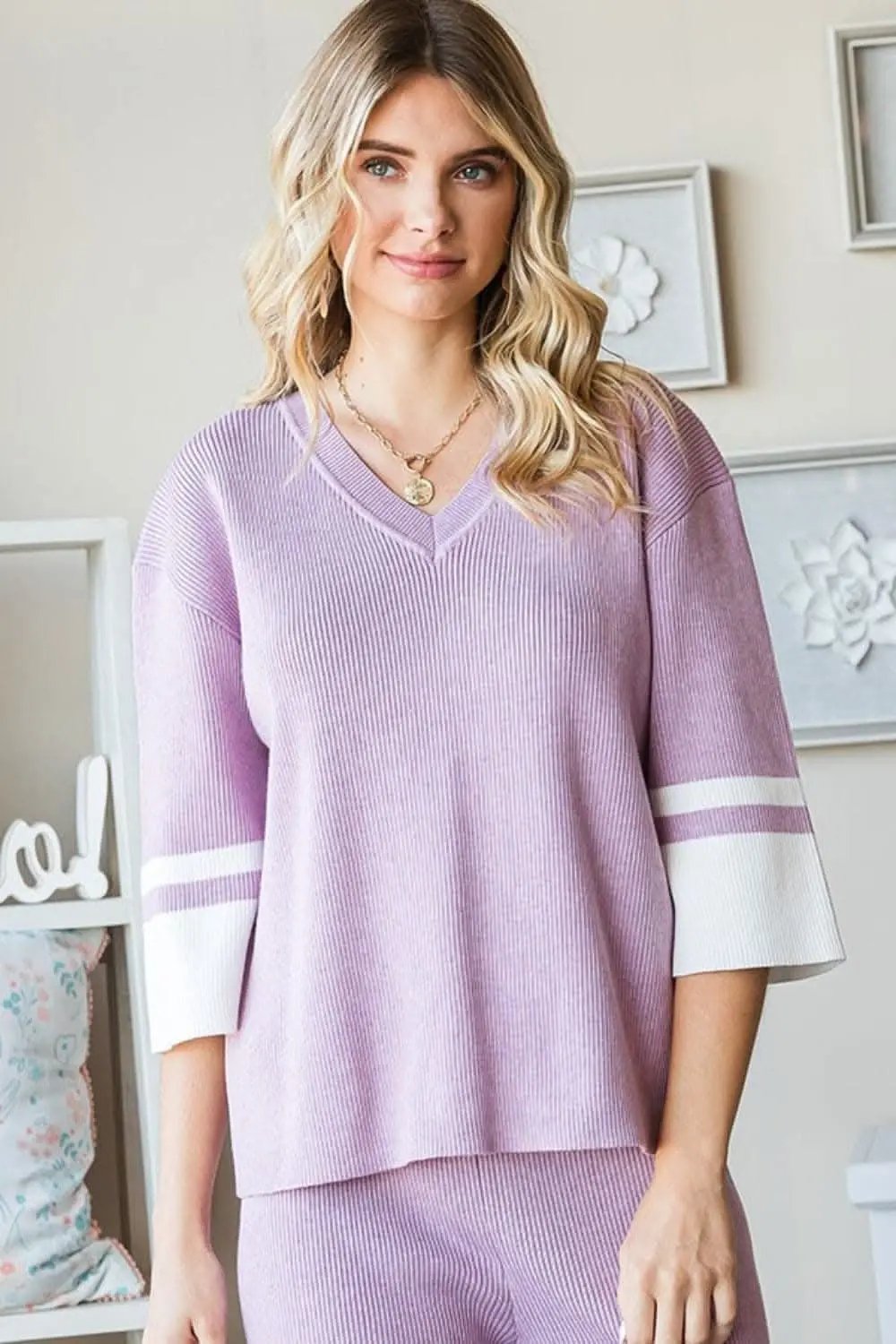 First Love Contrast V Neck Ribbed Knit Top - Love Salve